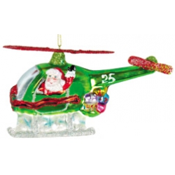 SANTA IN HELICOPTER GLASS ORNAMENT